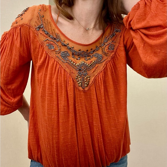 Free People embroidered orange blouse Size S Boho style. - Picture 6 of 14